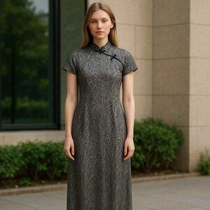 Vintage Jessica Howard Size 6 Metallic Silver Asian Inspired Maxi Dress Gown USA